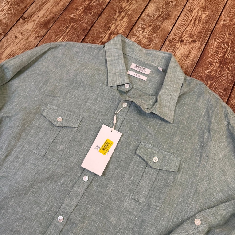 Murano Baird McNutt Linen Button Up Shirt Mens XXL Green Slim Fit Breathable NWT